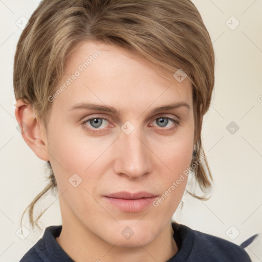 Joyful white young-adult female with medium  brown hair and blue eyes