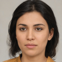 Neutral asian young-adult female with medium  brown hair and brown eyes