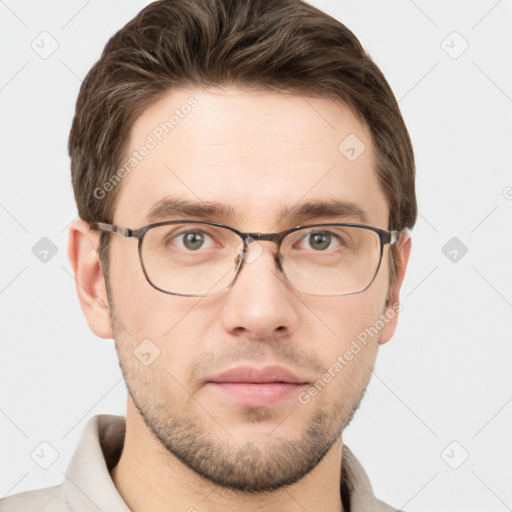 Neutral white young-adult male with short  brown hair and grey eyes