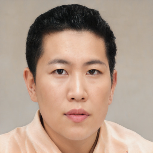 Neutral asian young-adult male with short  black hair and brown eyes