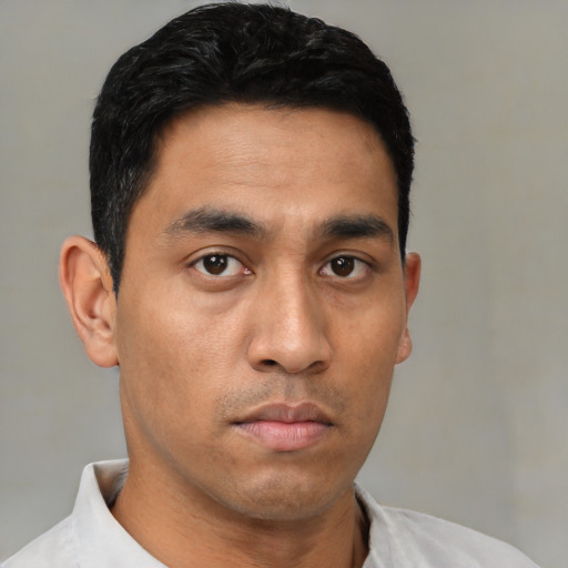 Neutral asian young-adult male with short  black hair and brown eyes
