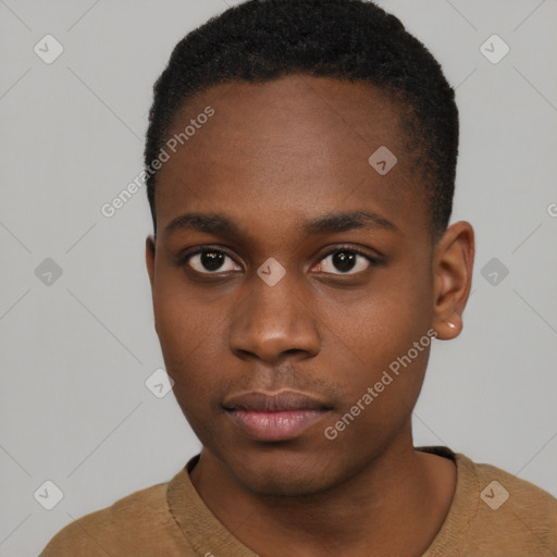 Neutral black young-adult male with short  black hair and brown eyes