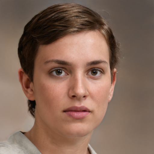 Neutral white young-adult female with short  brown hair and brown eyes