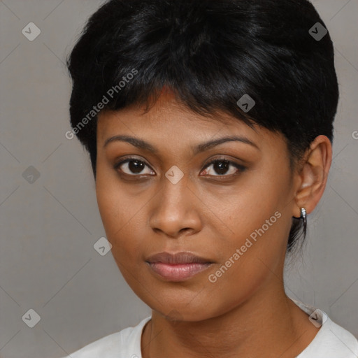 Neutral asian young-adult female with short  black hair and brown eyes