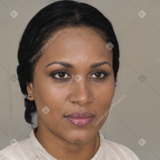 Joyful latino young-adult female with medium  brown hair and brown eyes