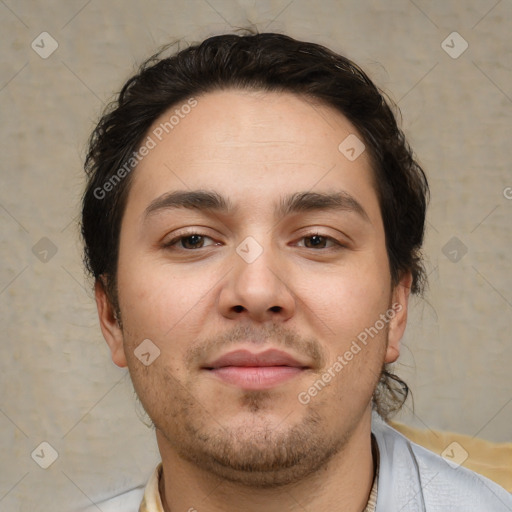 Neutral white young-adult male with short  brown hair and brown eyes