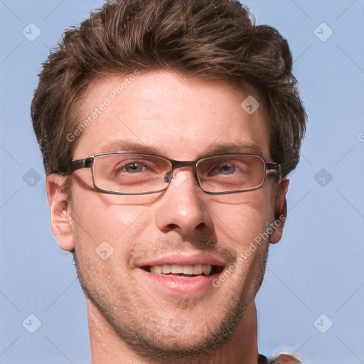 Joyful white adult male with short  brown hair and grey eyes