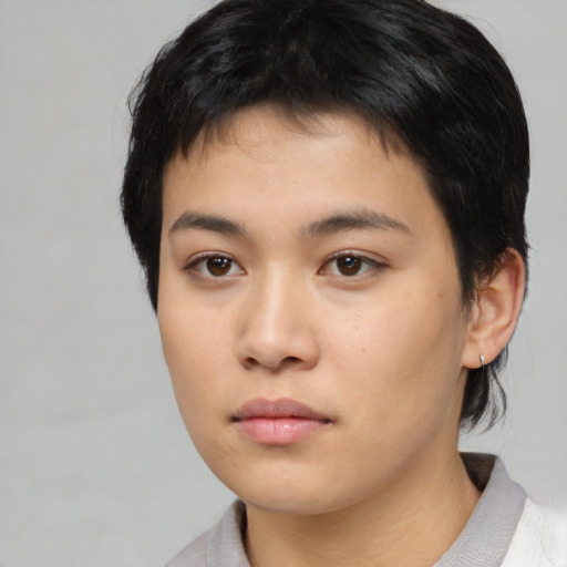 Neutral asian young-adult female with short  brown hair and brown eyes