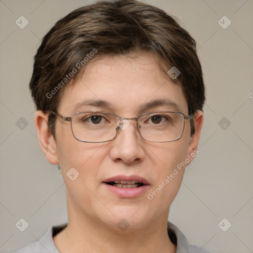 Joyful white adult female with short  brown hair and brown eyes