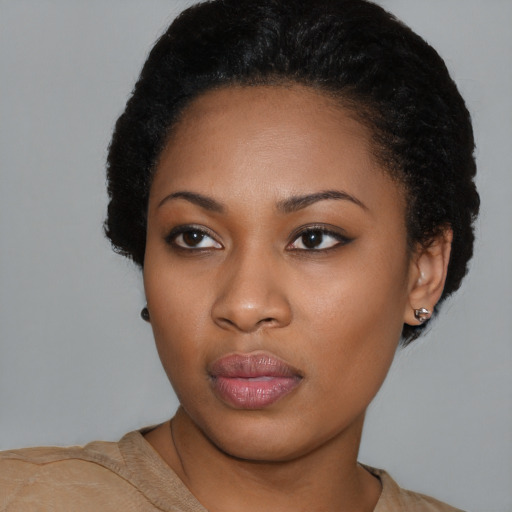 Neutral black young-adult female with short  black hair and brown eyes