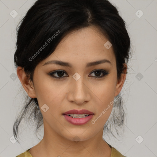 Joyful asian young-adult female with medium  brown hair and brown eyes