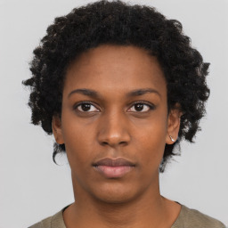 Neutral black young-adult female with short  black hair and brown eyes