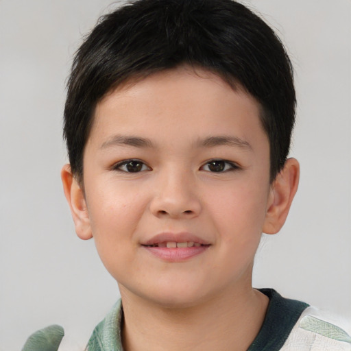 Joyful asian child male with short  brown hair and brown eyes