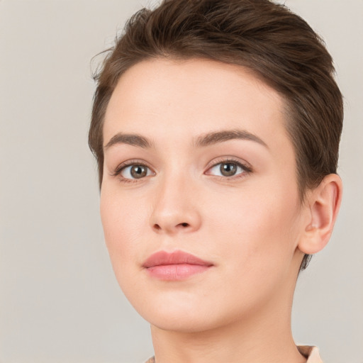 Neutral white young-adult female with short  brown hair and brown eyes