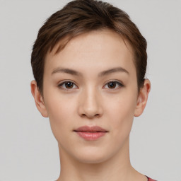 Neutral white young-adult female with short  brown hair and brown eyes