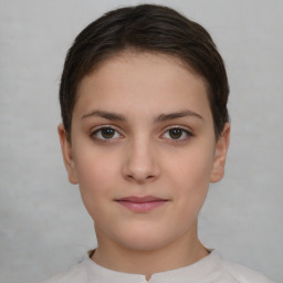 Neutral white young-adult female with short  brown hair and brown eyes