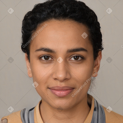 Joyful latino young-adult female with short  black hair and brown eyes