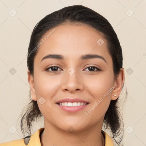 Joyful white young-adult female with long  brown hair and brown eyes