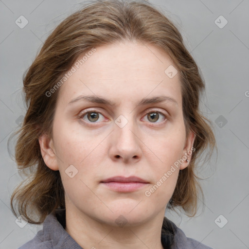 Neutral white young-adult female with medium  brown hair and blue eyes