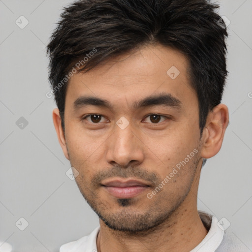 Neutral asian young-adult male with short  black hair and brown eyes