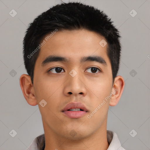 Neutral asian young-adult male with short  black hair and brown eyes