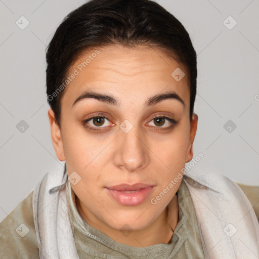 Joyful white young-adult female with short  brown hair and brown eyes