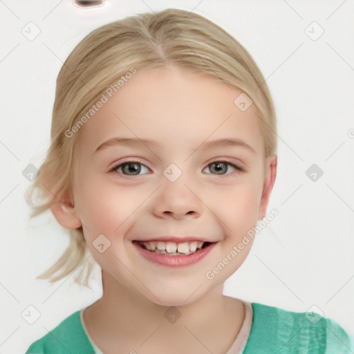 Joyful white child female with medium  brown hair and brown eyes