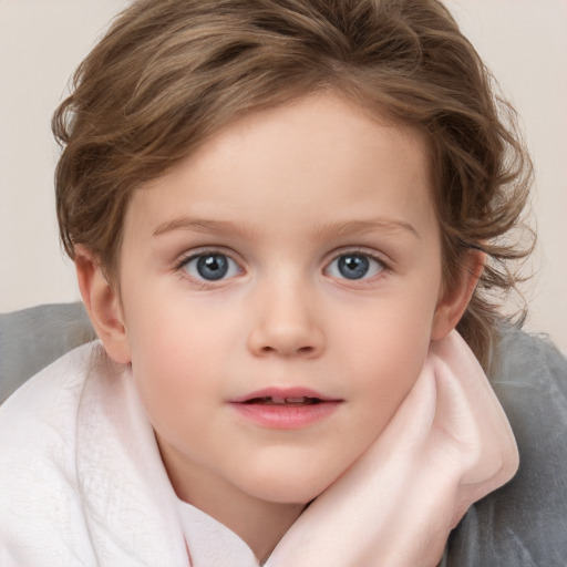 Neutral white child female with medium  brown hair and blue eyes