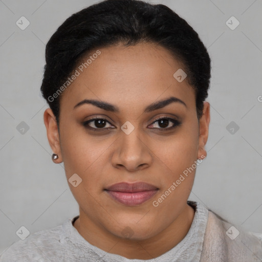 Joyful latino young-adult female with short  black hair and brown eyes