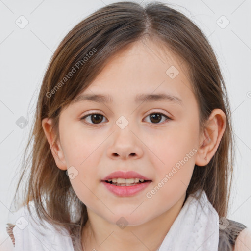 Joyful white child female with medium  brown hair and brown eyes