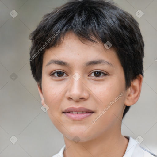 Joyful latino young-adult female with short  brown hair and brown eyes