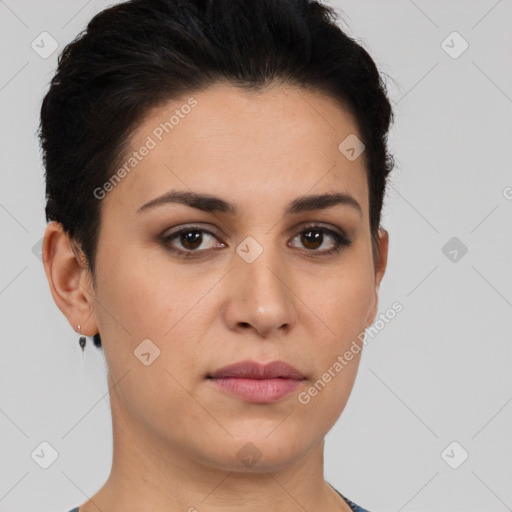 Neutral white young-adult female with short  brown hair and brown eyes