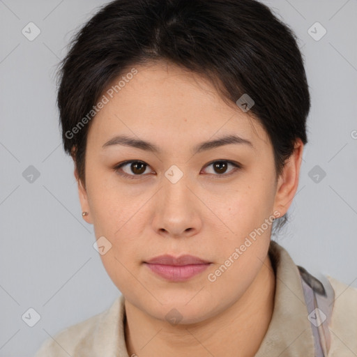 Neutral white young-adult female with short  brown hair and brown eyes