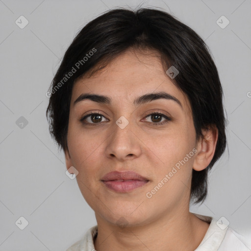 Joyful white young-adult female with medium  brown hair and brown eyes