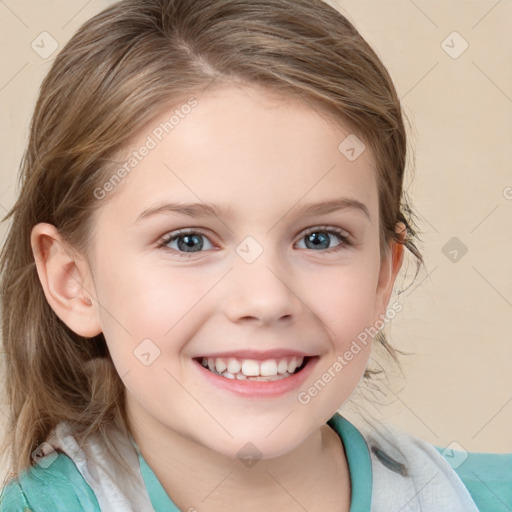 Joyful white child female with medium  brown hair and blue eyes