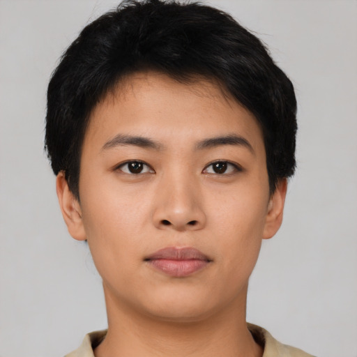 Neutral asian young-adult female with short  black hair and brown eyes