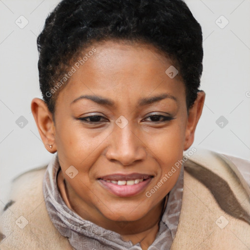 Joyful latino young-adult female with short  brown hair and brown eyes