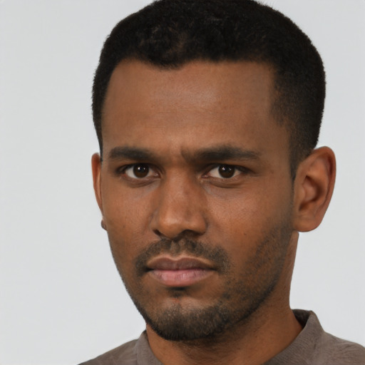 Neutral black young-adult male with short  black hair and brown eyes