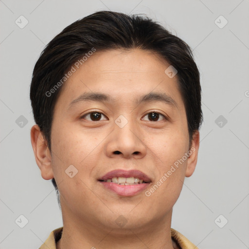 Joyful asian young-adult male with short  brown hair and brown eyes