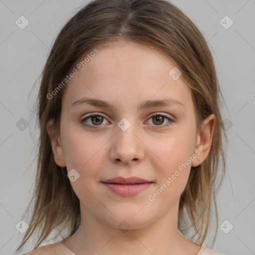 Joyful white child female with medium  brown hair and brown eyes