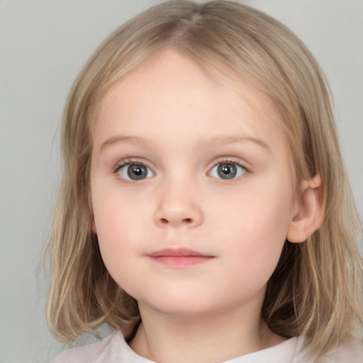 Neutral white child female with medium  brown hair and blue eyes