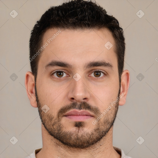 Neutral white young-adult male with short  brown hair and brown eyes