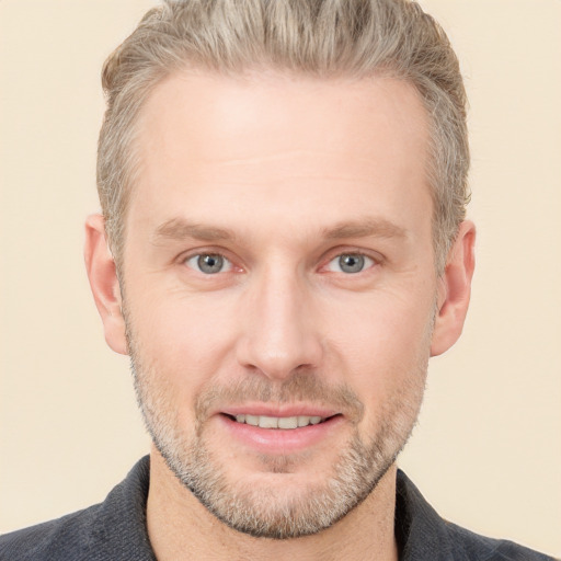 Joyful white adult male with short  brown hair and grey eyes