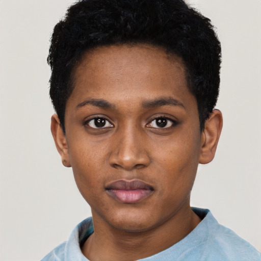 Neutral black young-adult female with short  black hair and brown eyes