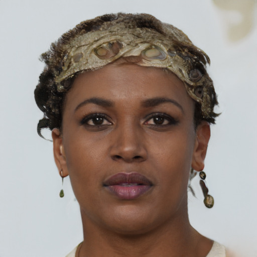 Neutral black young-adult female with short  brown hair and brown eyes