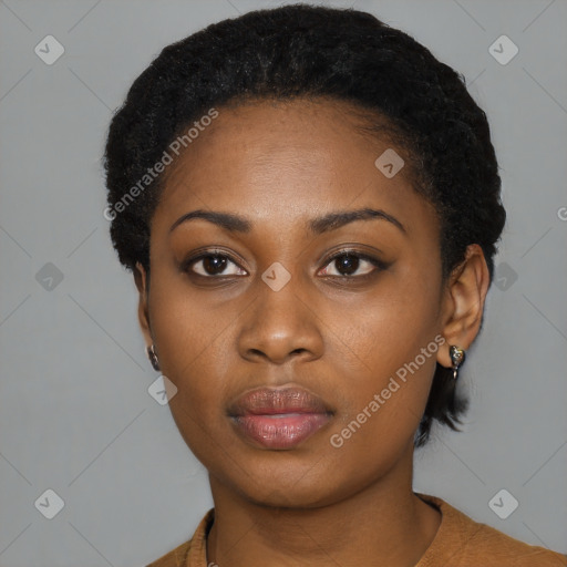 Neutral black young-adult female with short  black hair and brown eyes