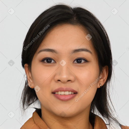 Joyful white young-adult female with medium  brown hair and brown eyes