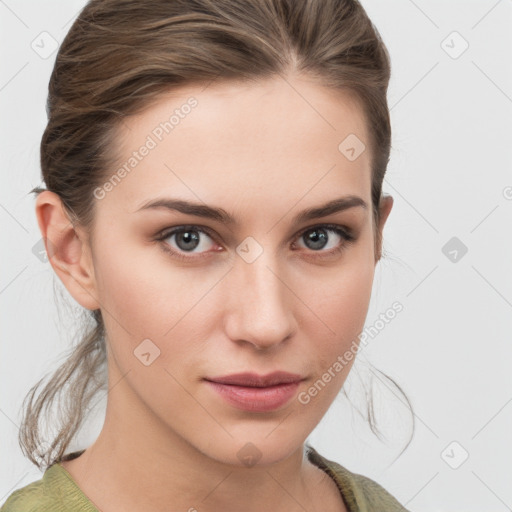 Neutral white young-adult female with medium  brown hair and grey eyes