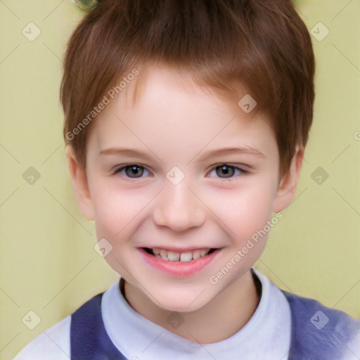 Joyful white child male with short  brown hair and brown eyes