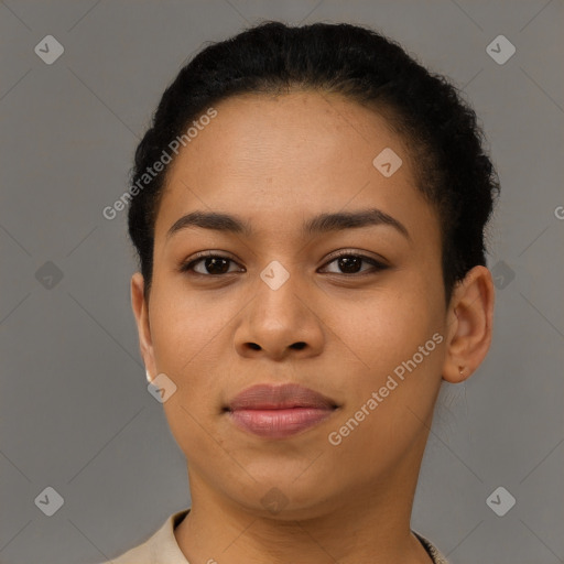 Joyful latino young-adult female with short  brown hair and brown eyes